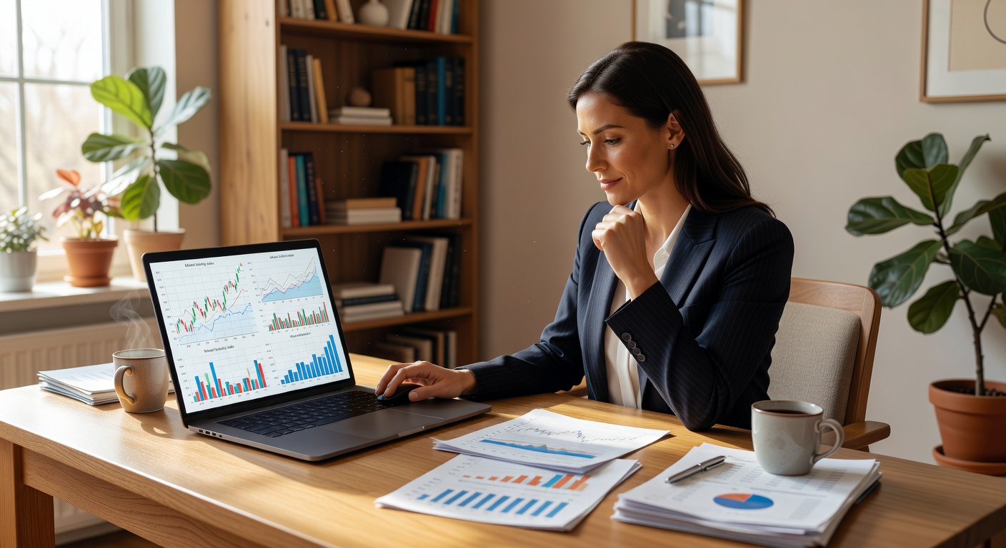 Woman reviewing investment portfolio on laptop at home desk