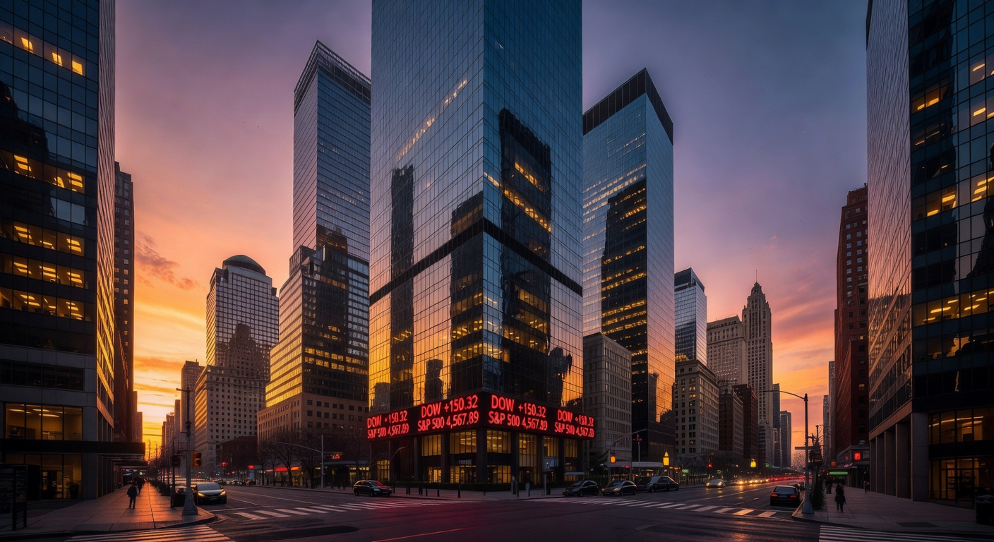 New York City skyline from financial district with stock market displays