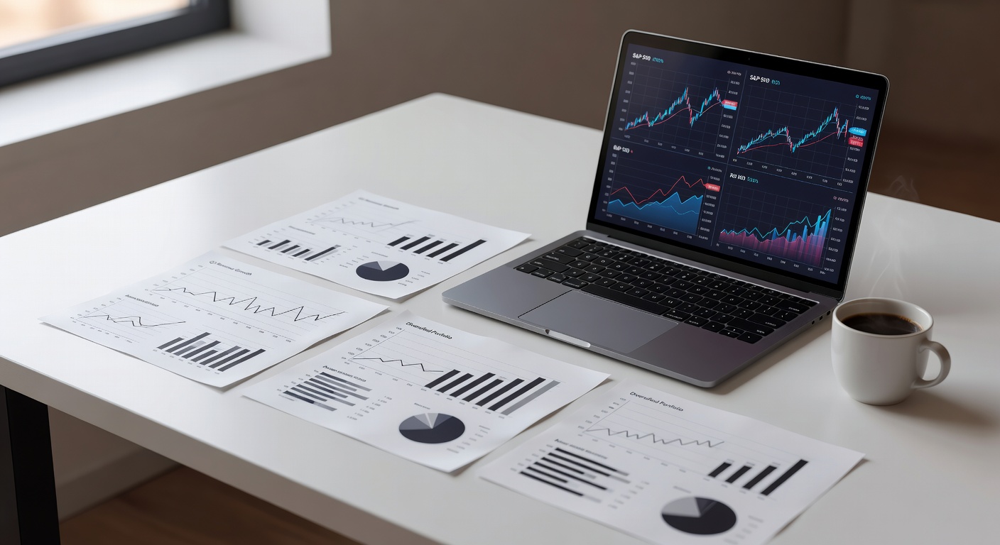 Charts and financial documents laid out on a clean desk with a cup of coffee