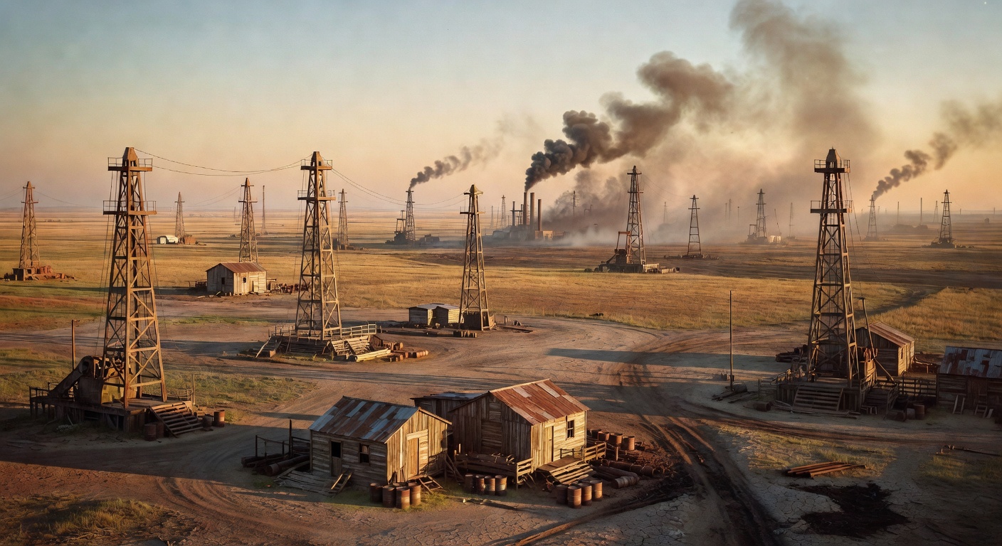Early 20th century American industrial landscape with oil derricks