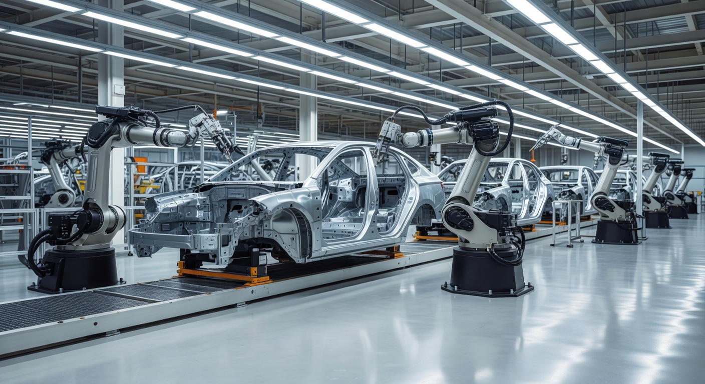 Modern automotive manufacturing plant interior with assembly line