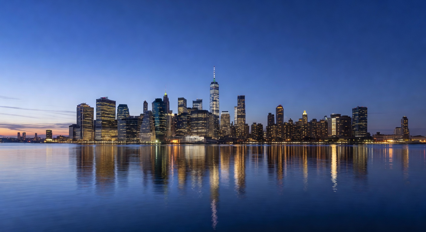 Manhattan financial district skyline at dusk reflecting on water